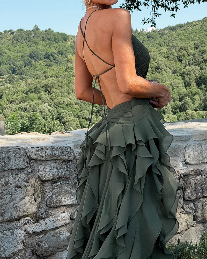 Zaria Dark Green Ruched Cutout Ruffled Maxi Dress