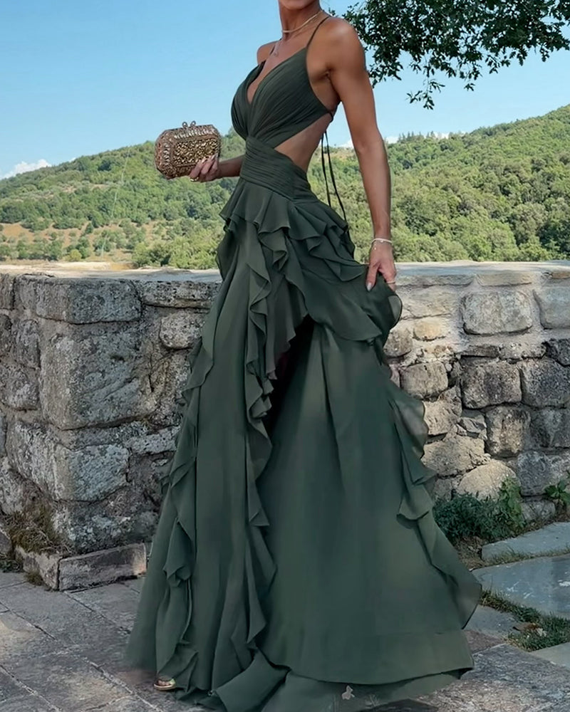 Zaria Dark Green Ruched Cutout Ruffled Maxi Dress
