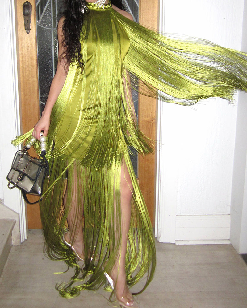 Paulina Green Halter Fringe Tiered Satin Maxi Dress