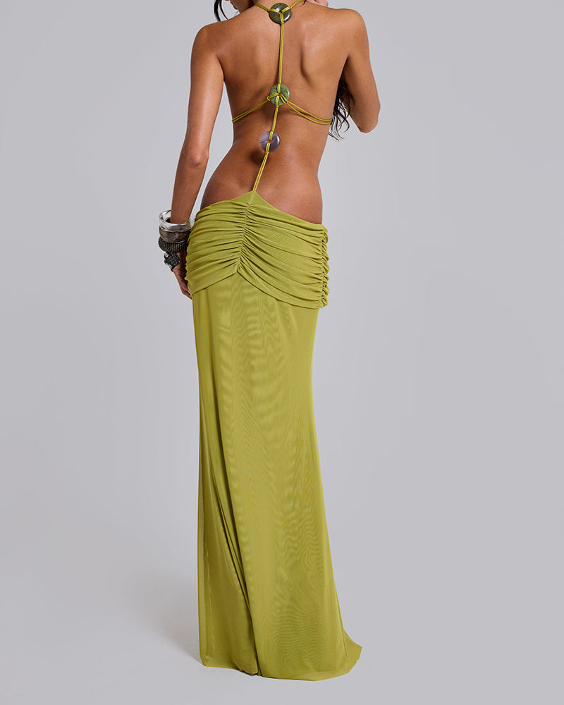 Zella Green Strappy Cutout Draped Halter Maxi Dress
