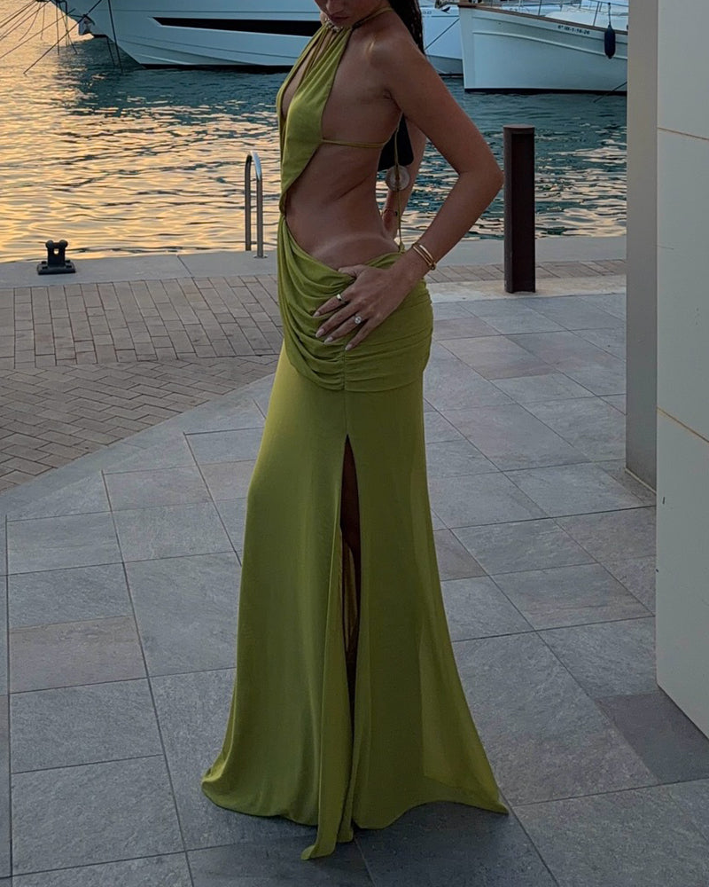 Zella Green Strappy Cutout Draped Halter Maxi Dress