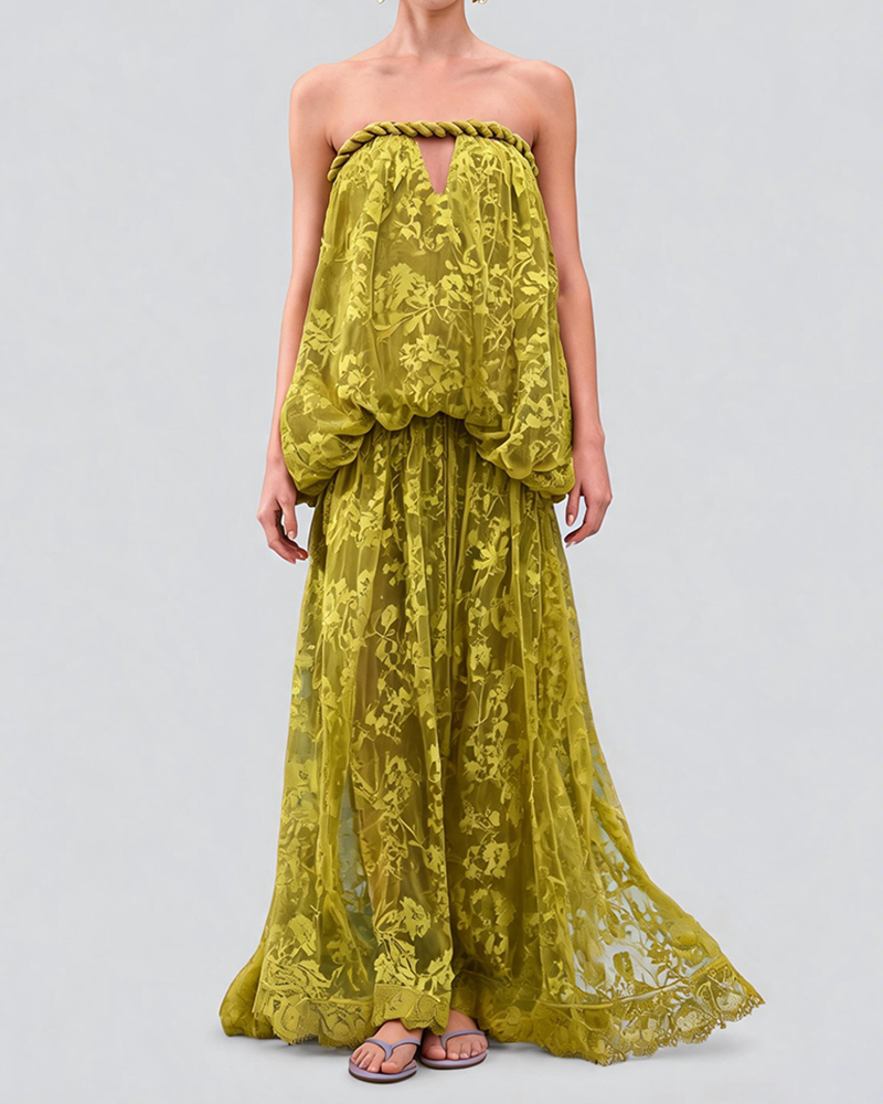 Astrid Green Strapless Floral Sheer Maxi Dress