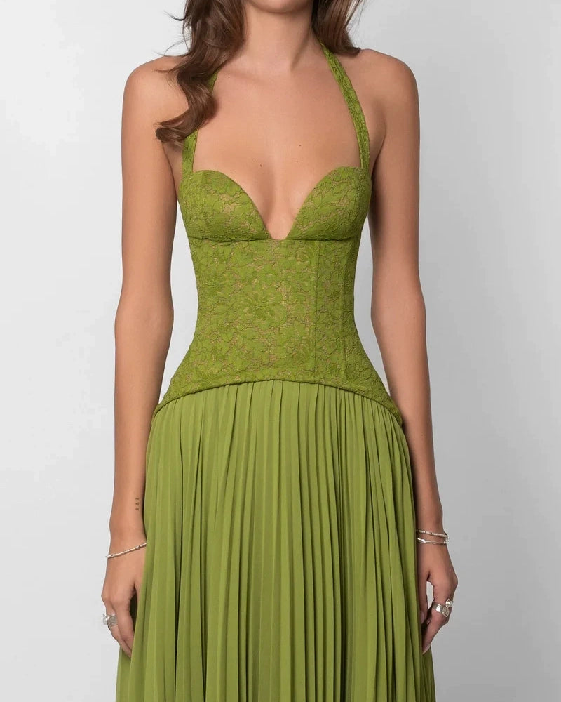 Marcella Green Lace Corset Pleated Maxi Dress