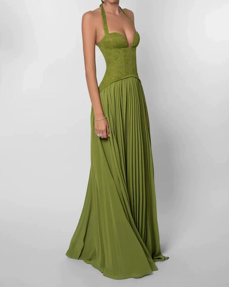 Marcella Green Lace Corset Pleated Maxi Dress