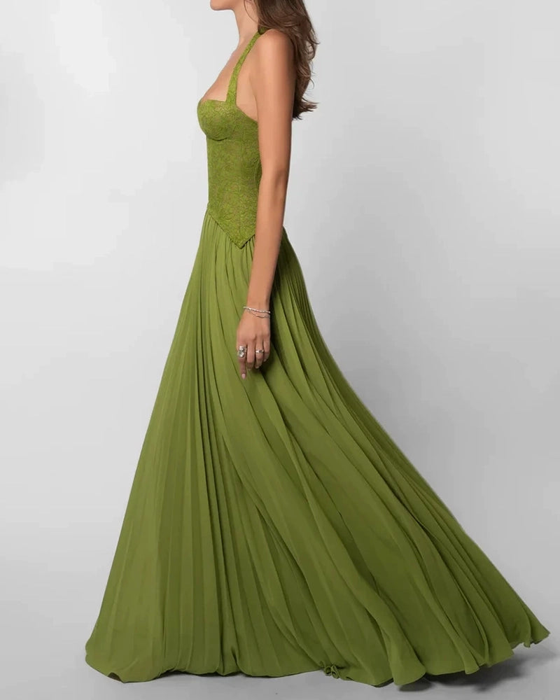 Marcella Green Lace Corset Pleated Maxi Dress