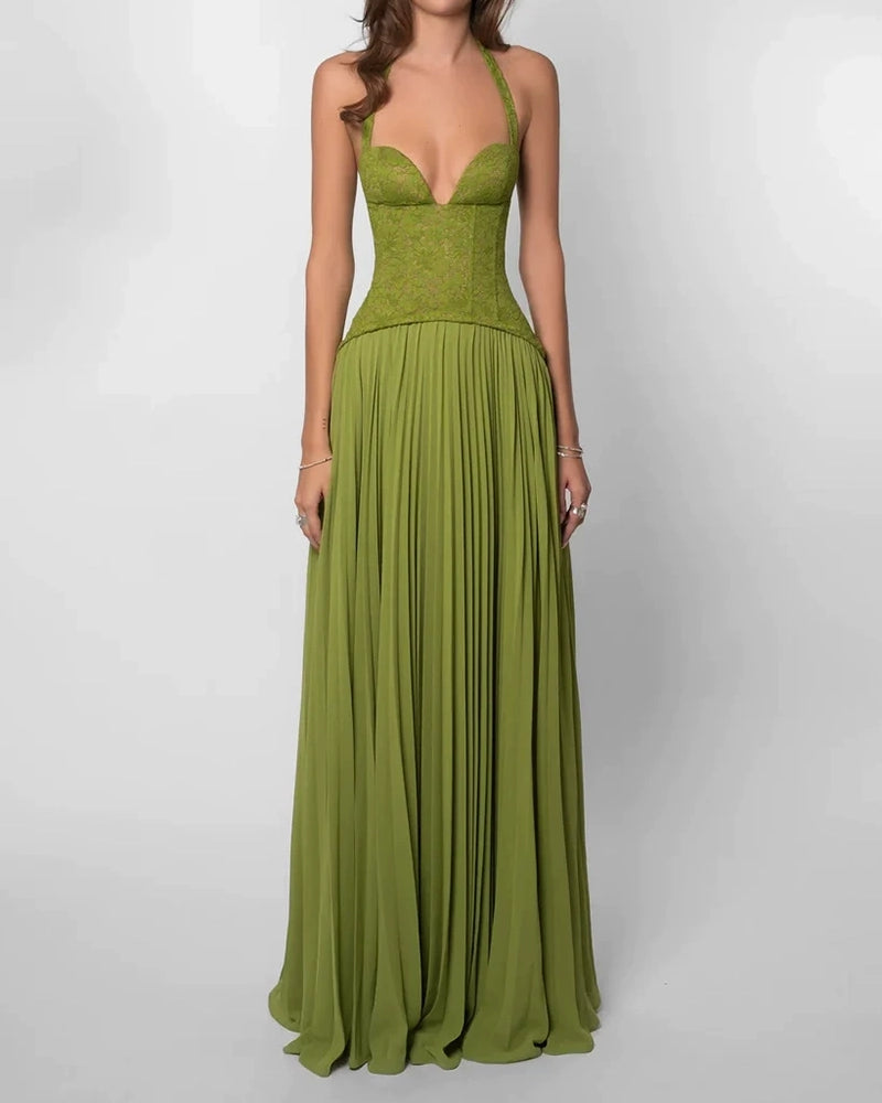 Marcella Green Lace Corset Pleated Maxi Dress