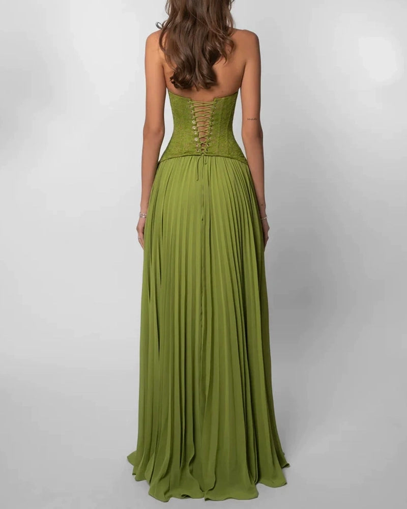 Marcella Green Lace Corset Pleated Maxi Dress