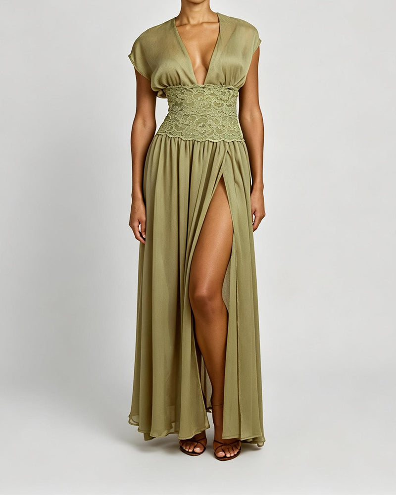 Siena Green Lace Corset Waist Slit Maxi Dress