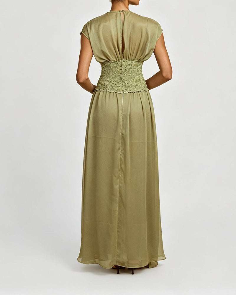Siena Green Lace Corset Waist Slit Maxi Dress