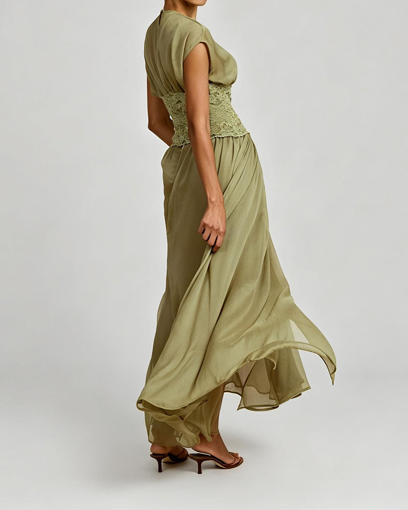 Siena Green Lace Corset Waist Slit Maxi Dress