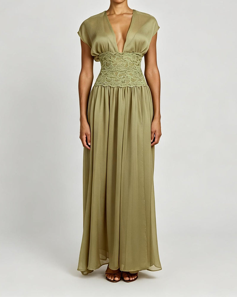 Siena Green Lace Corset Waist Slit Maxi Dress
