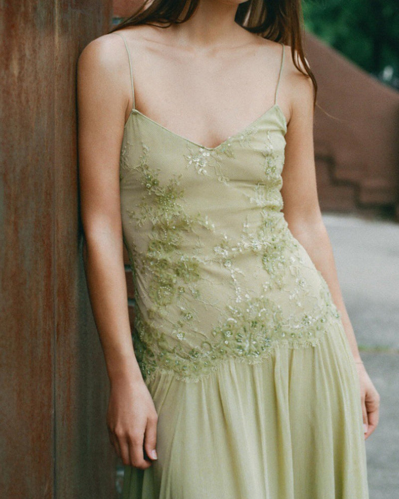 Melinda Green Lace Embossed V-Neck Maxi Dress