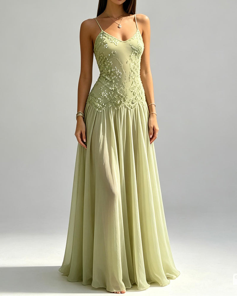 Melinda Green Lace Embossed V-Neck Maxi Dress