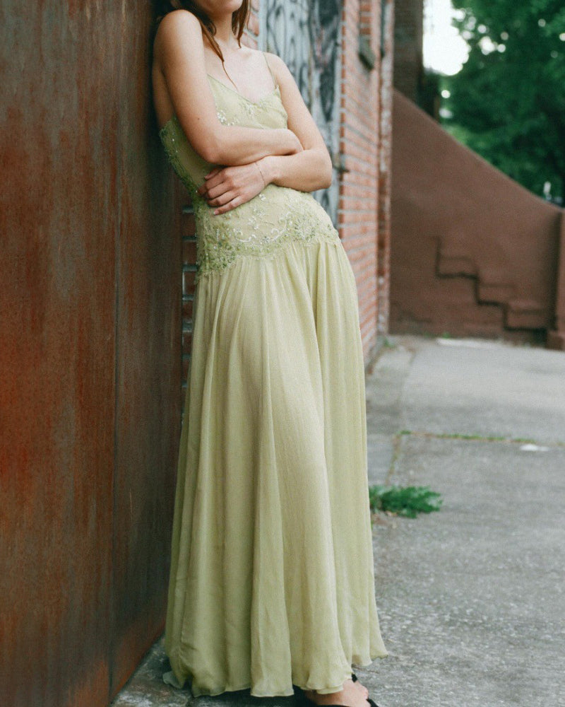 Melinda Green Lace Embossed V-Neck Maxi Dress