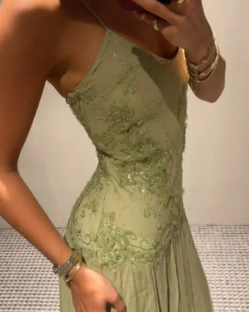 Melinda Green Lace Embossed V-Neck Maxi Dress