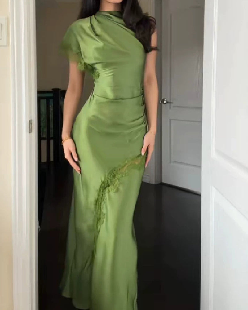 Emilia Green One-Shoulder Satin Lace Maxi Dress