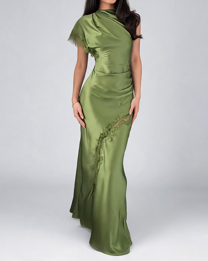 Emilia Green One-Shoulder Satin Lace Maxi Dress