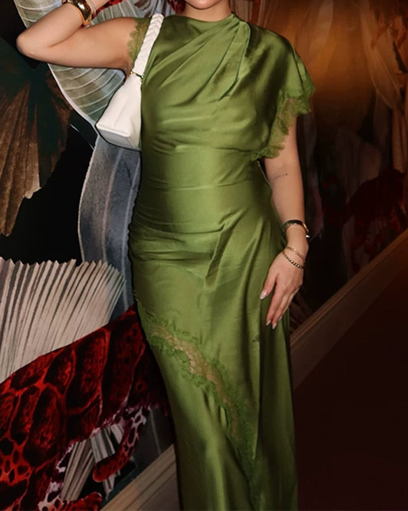 Emilia Green One-Shoulder Satin Lace Maxi Dress