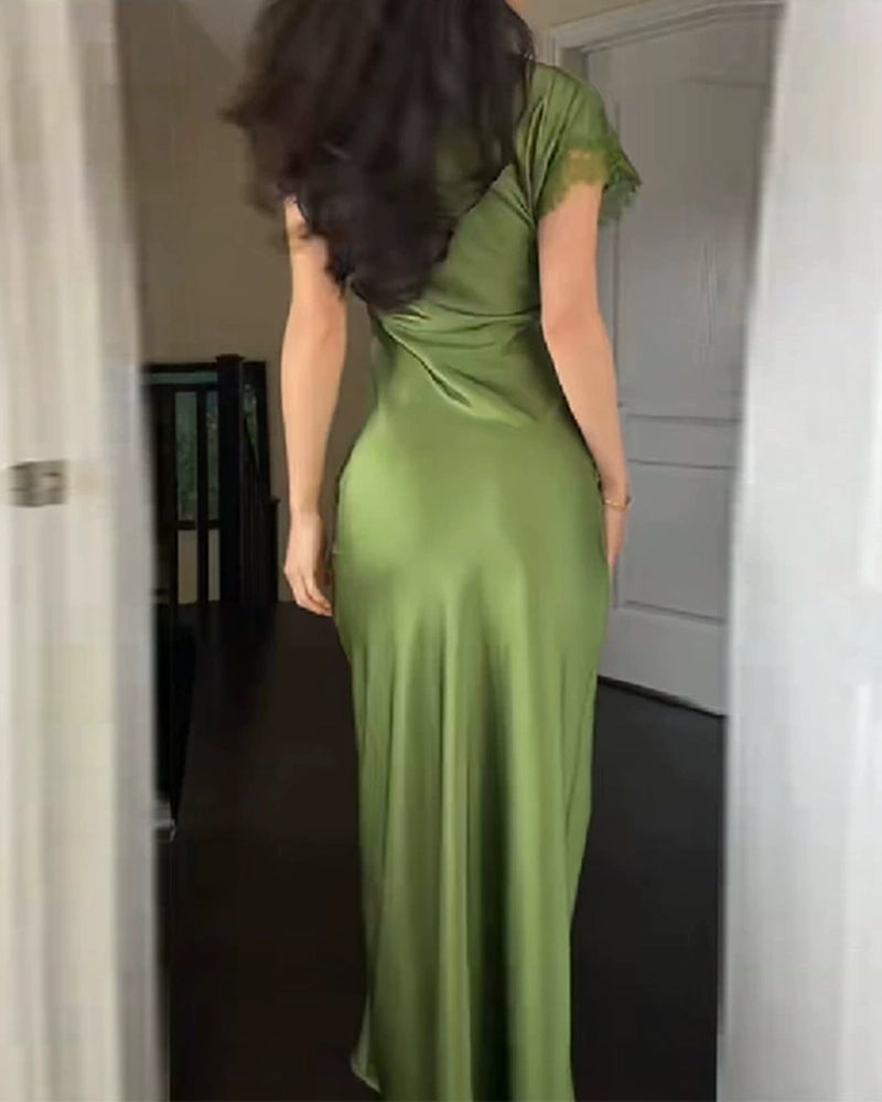 Emilia Green One-Shoulder Satin Lace Maxi Dress