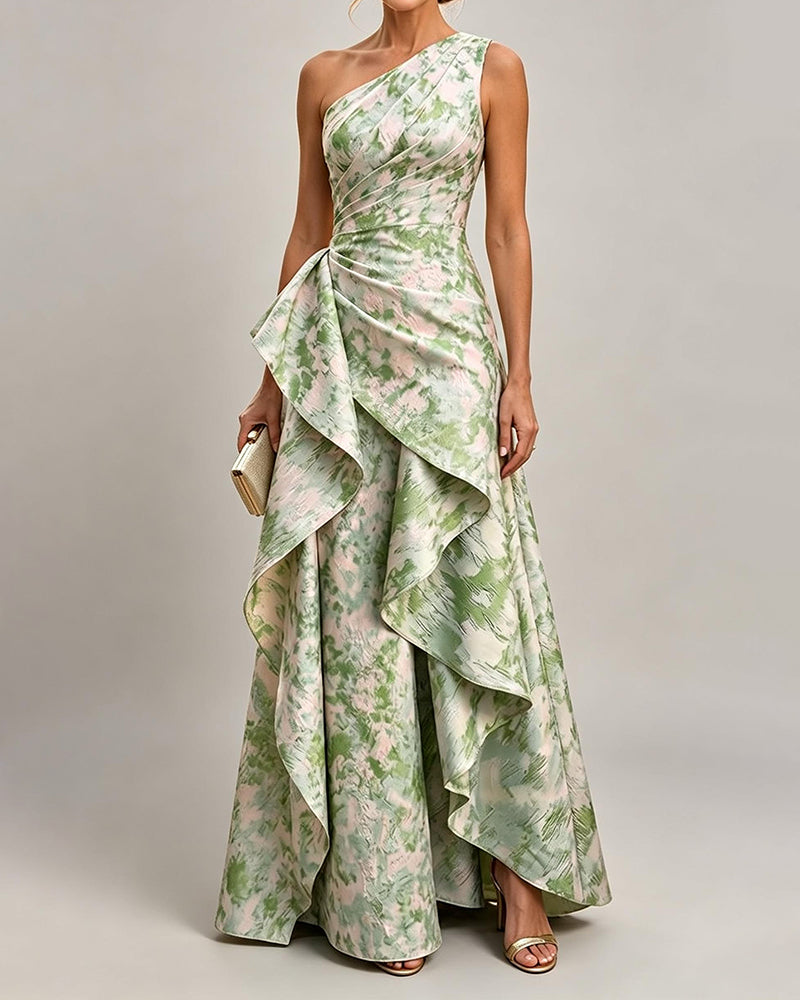 Calliope Green One Shoulder Printed Maxi Dress