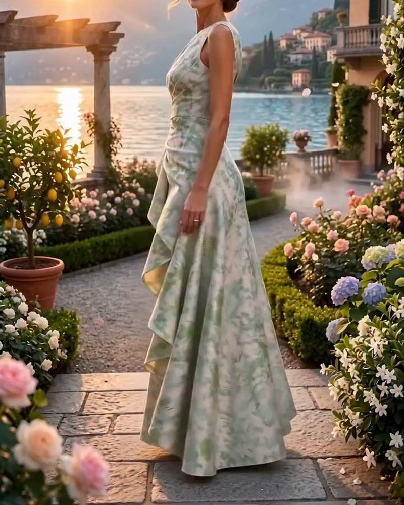 Calliope Green One Shoulder Printed Maxi Dress