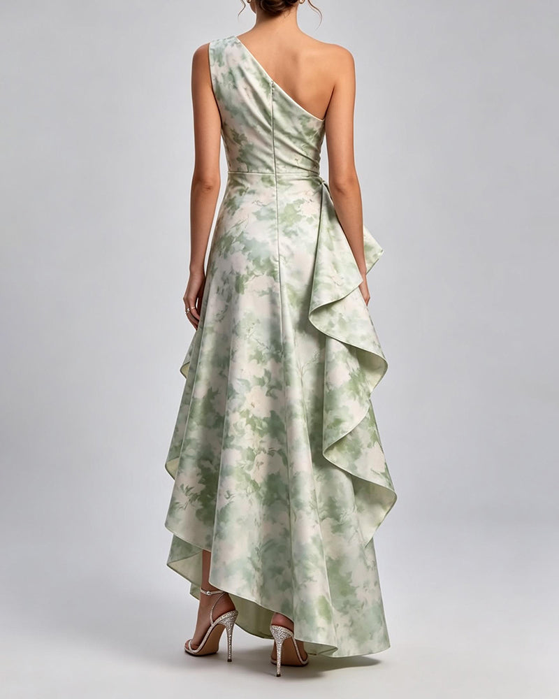 Calliope Green One Shoulder Printed Maxi Dress