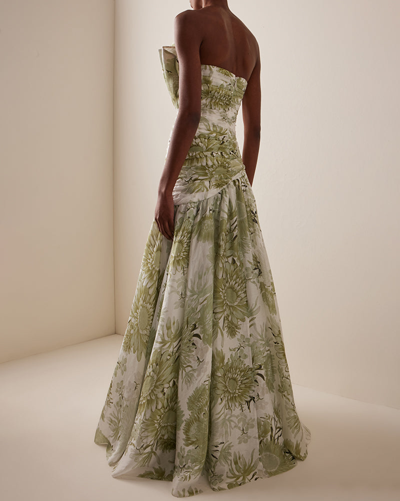 Jade Green Strapless Printed High Low Maxi Dress