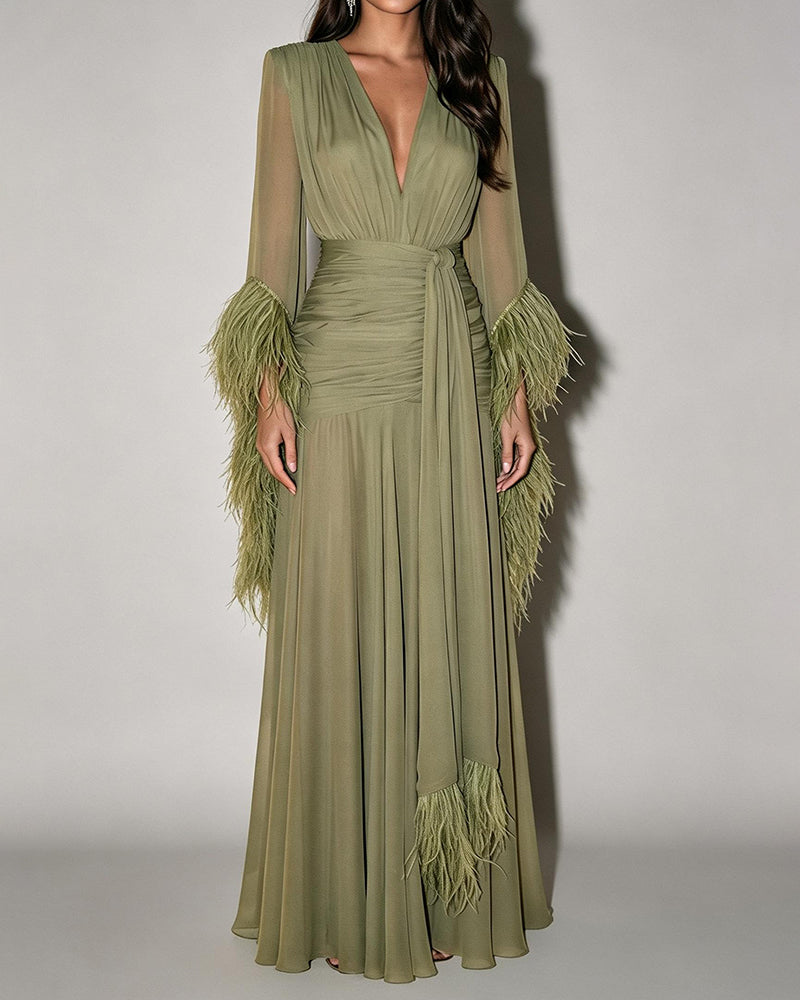 Kiera Green V-Neck Feather Trim Chiffon Maxi Gown