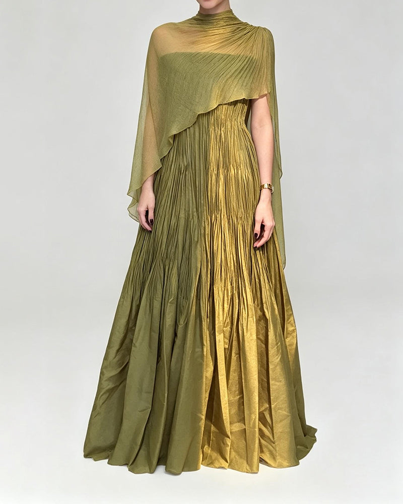 Selene Olive Green Pleated Cape Maxi Evening Gown