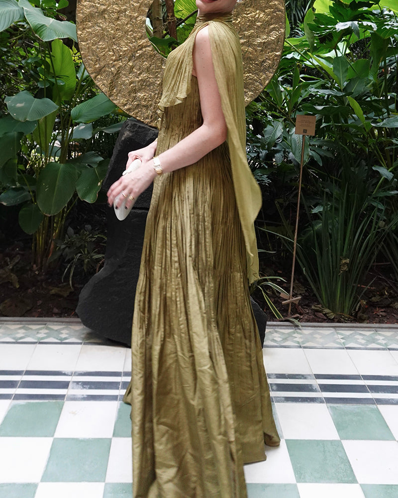 Selene Olive Green Pleated Cape Maxi Evening Gown