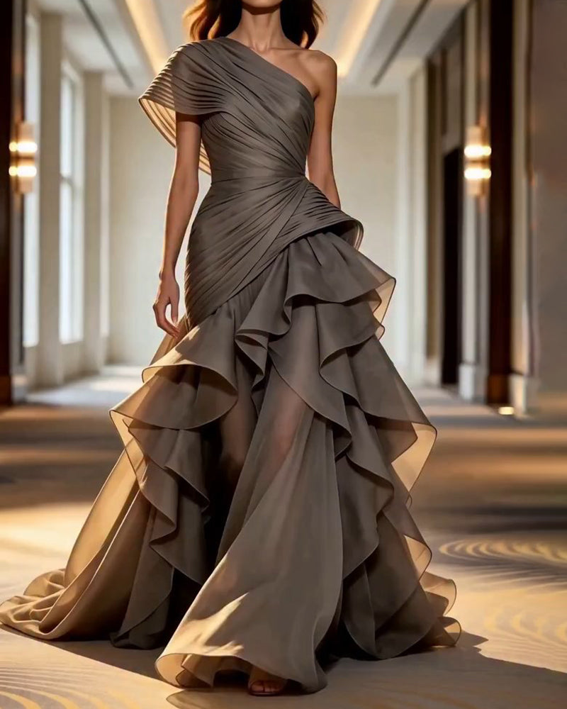 Elodie Grey One-Shoulder Pleated Ruffle Gow