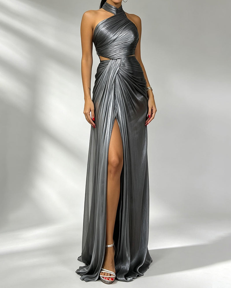 Tamsin Grey Halter Draped Maxi Dress with Front Slit