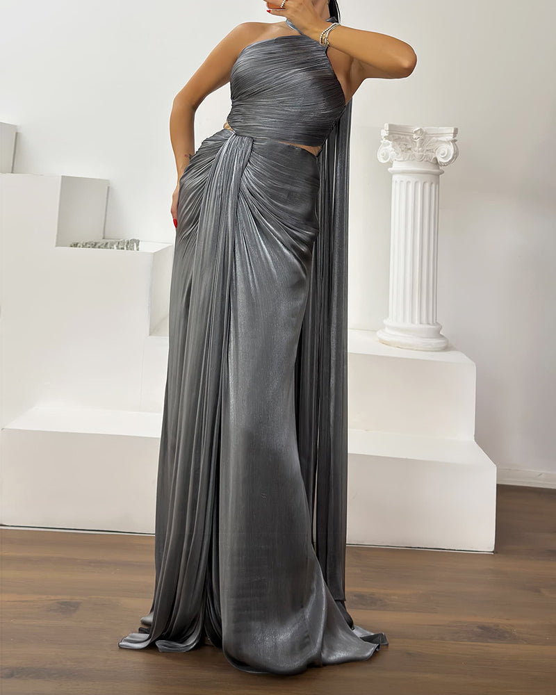 Tamsin Grey Halter Draped Maxi Dress with Front Slit