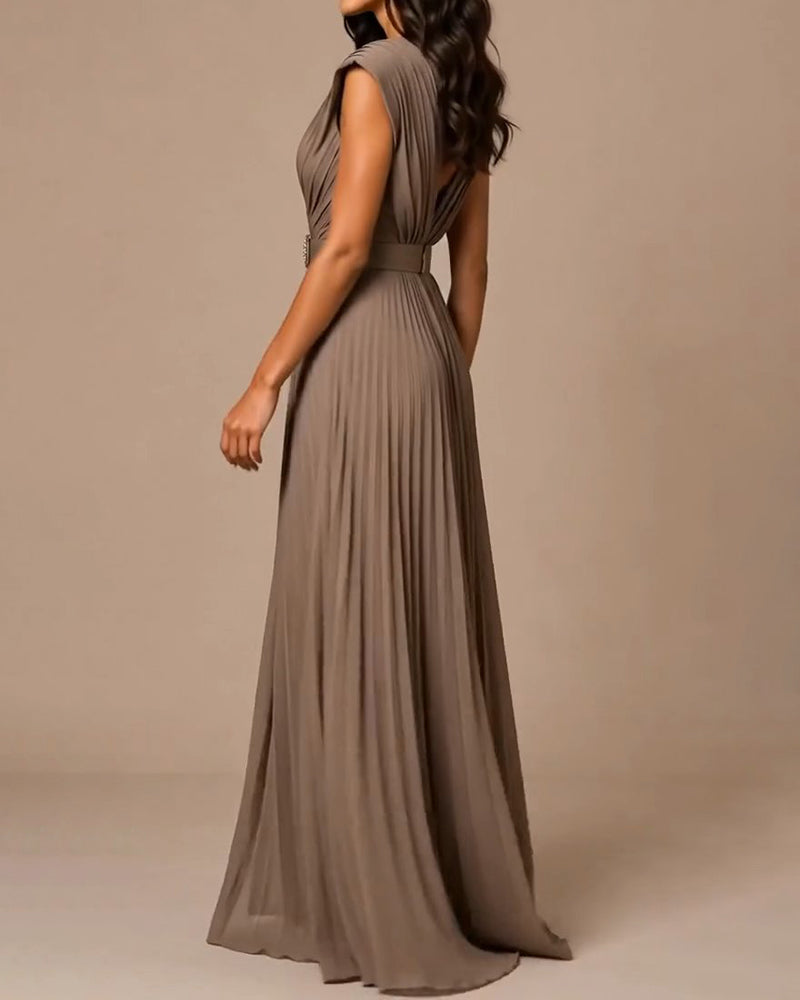 Valentina Grey Deep V Pleated Chiffon Maxi Gown