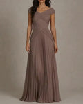 Julia Grey Off-the-Shoulder Cross Pleated Chiffon Maxi Gown