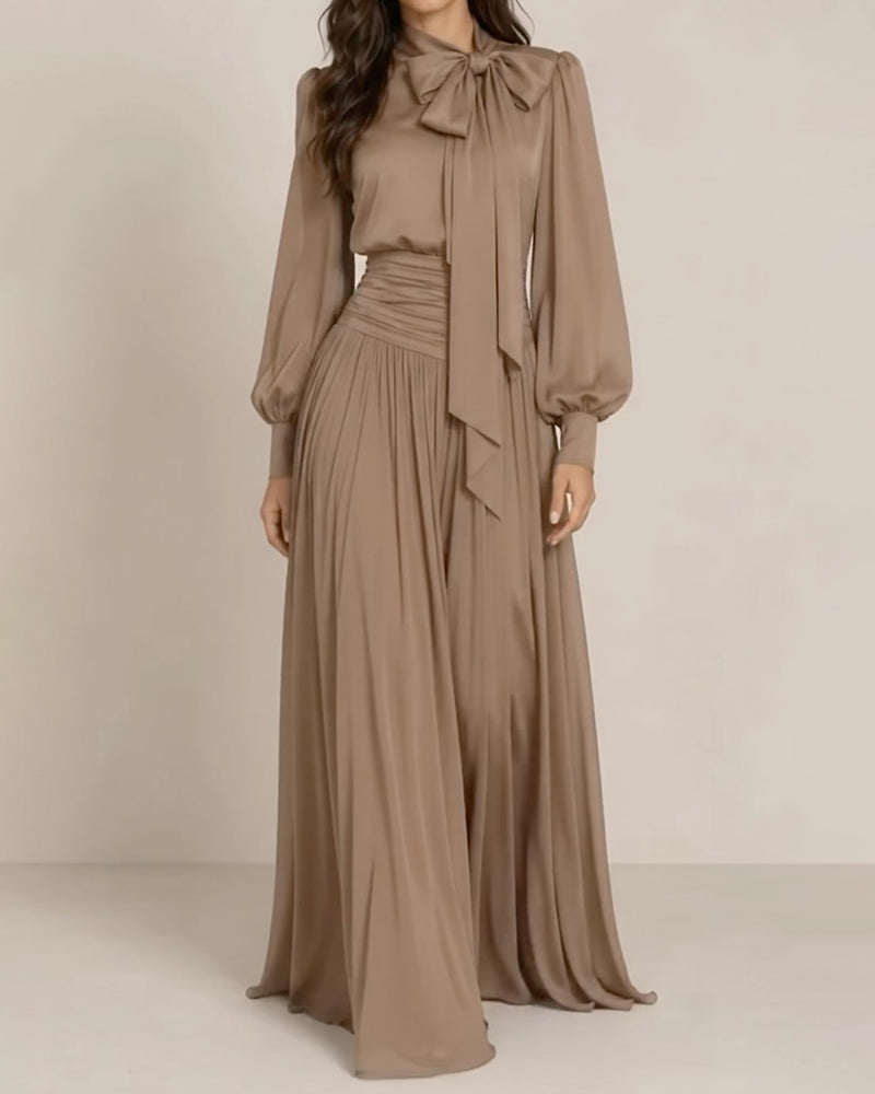 Aurelia Grey Bow Neck Puff Long Sleeve Chiffon Maxi Gown