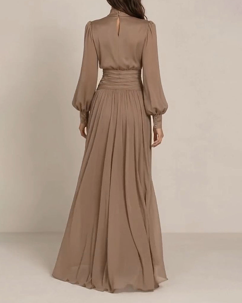Aurelia Grey Bow Neck Puff Long Sleeve Chiffon Maxi Gown