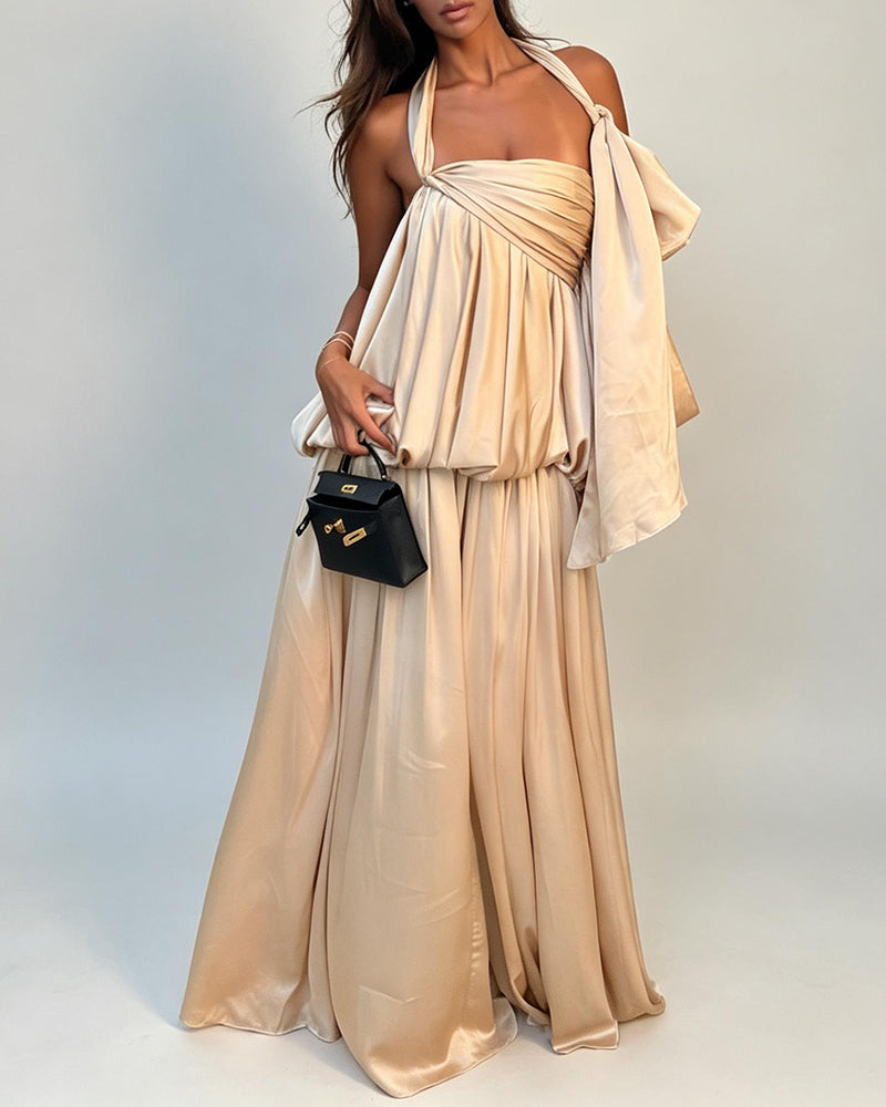 Madelyn Khaki One-Shoulder Bow Satin Maxi Dress