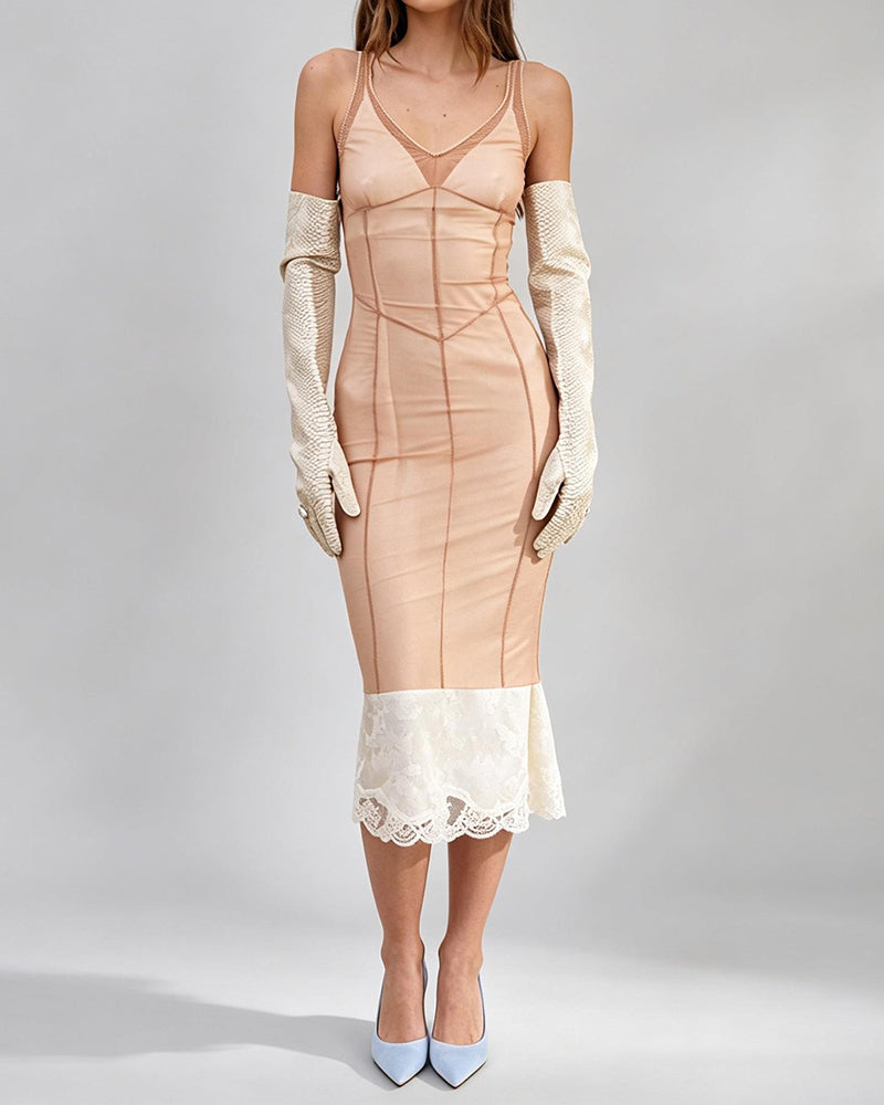 Mara Khaki Corset Layered Mesh Midi Dress