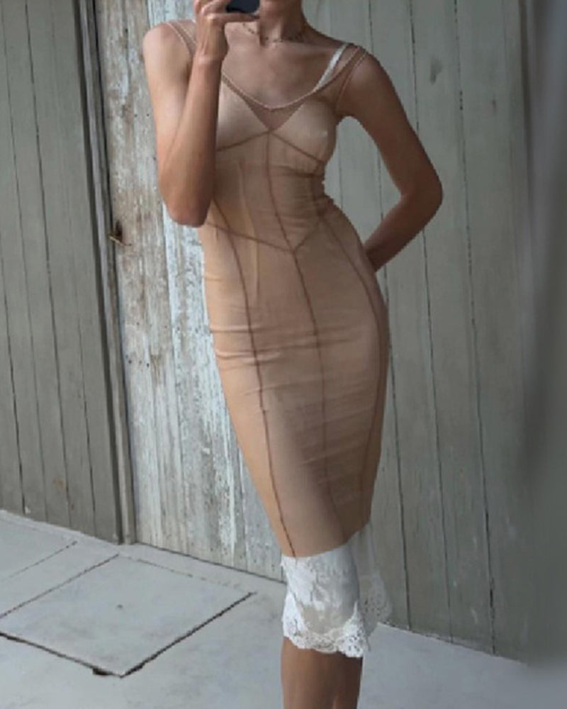 Mara Khaki Corset Layered Mesh Midi Dress