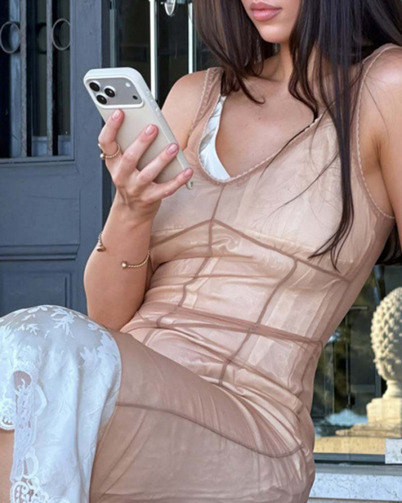 Mara Khaki Corset Layered Mesh Midi Dress