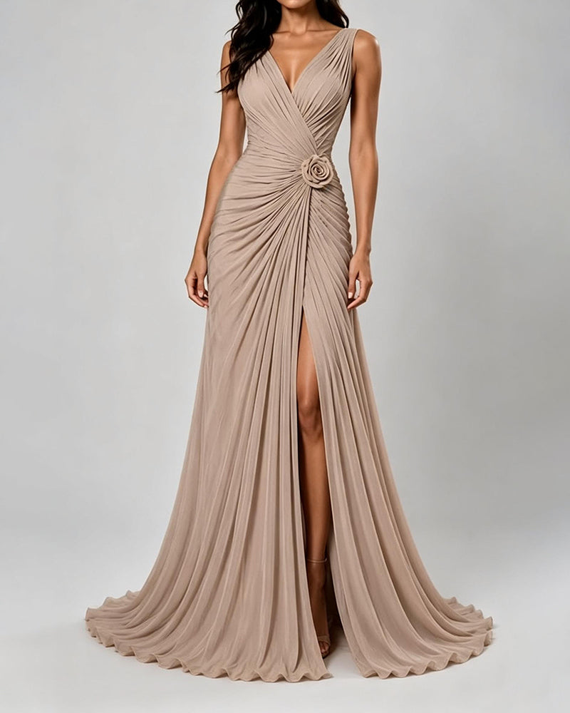 Sapphira Khaki Deep V Pleated Chiffon Maxi Evening Gown