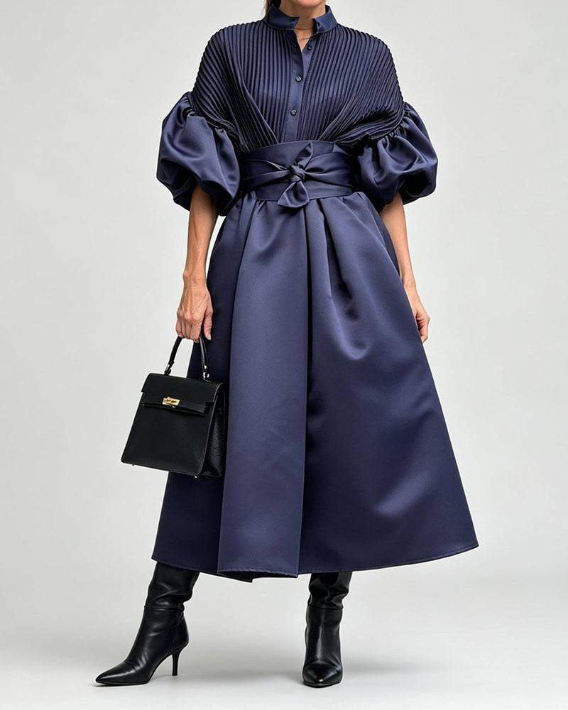 Zoey Navy Blue Pleated Balloon-Sleeve Belted Maxi Shirtdress