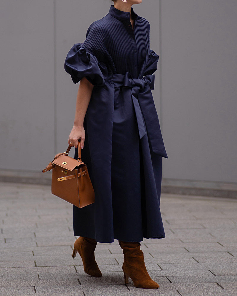 Zoey Navy Blue Pleated Balloon-Sleeve Belted Maxi Shirtdress