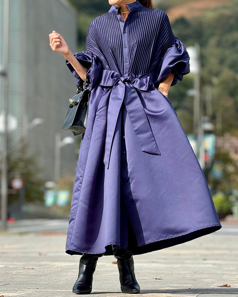 Zoey Navy Blue Pleated Balloon-Sleeve Belted Maxi Shirtdress