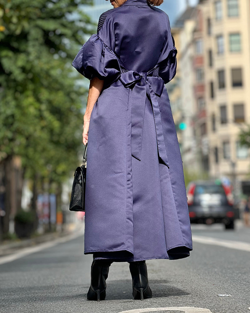 Zoey Navy Blue Pleated Balloon-Sleeve Belted Maxi Shirtdress