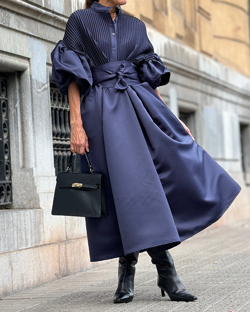 Zoey Navy Blue Pleated Balloon-Sleeve Belted Maxi Shirtdress