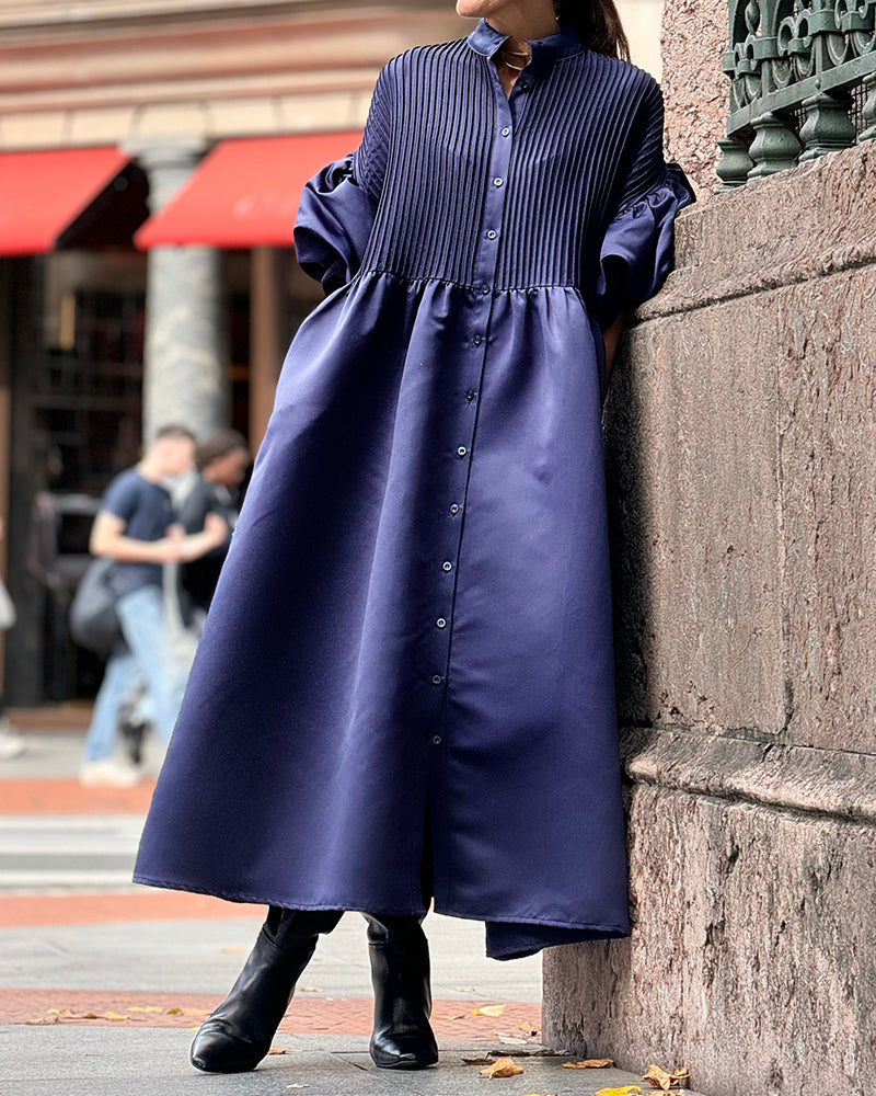 Zoey Navy Blue Pleated Balloon-Sleeve Belted Maxi Shirtdress