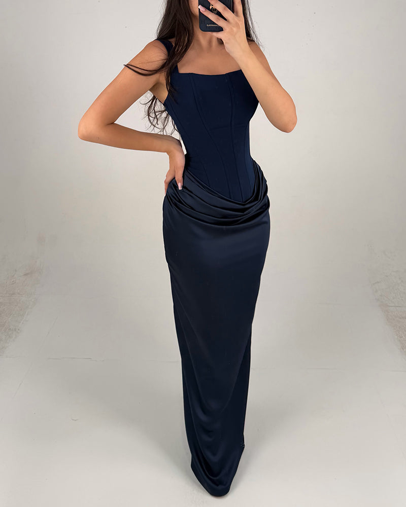 Siena Navy Blue Square Neck Satin Maxi Dress