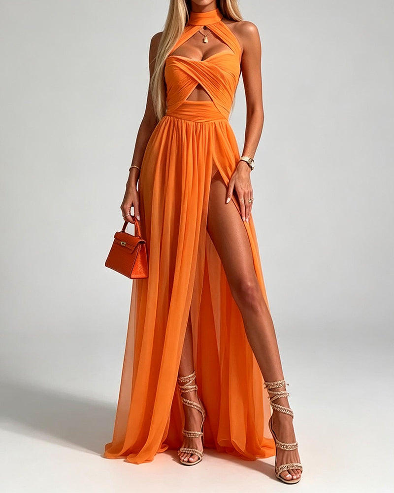 Isla Orange Cross-Front Keyhole High-Slit Chiffon Maxi Dress